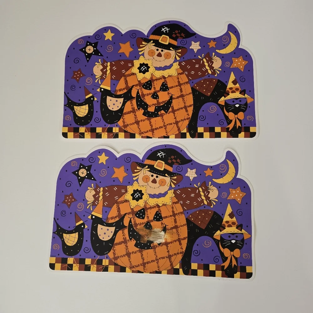 VTG Vinyl Happy Harvest Pumpkin Scarecrow Black Cat Farm Place Mat‎ Set of 2 90s